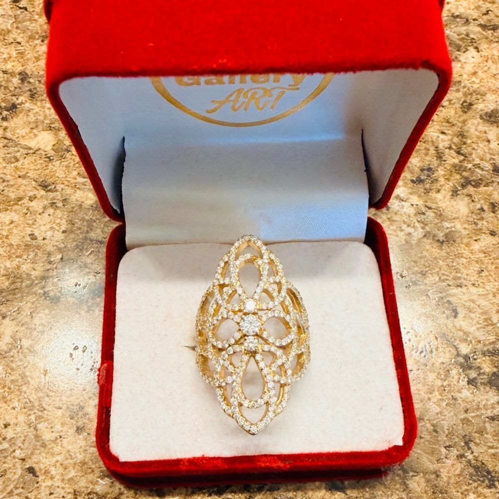 Elegant Gold Filigree Statement Ring with Clear Stones - Women Jewelry